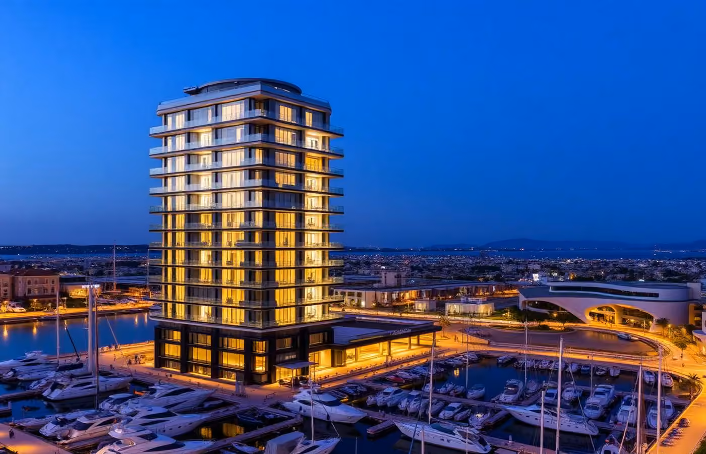 Horizon Towers luxury marina development at dusk